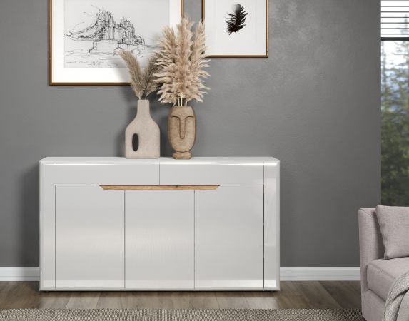 Sideboard Marlon in wei Hochglanz und Evoke Eiche Kommode 150 x 84 cm