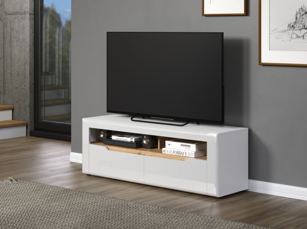 TV-Lowboard Marlon in wei Hochglanz und Evoke Eiche TV Unterteil 150 cm