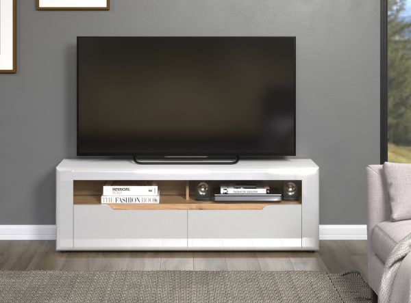 TV-Lowboard Marlon in wei Hochglanz und Evoke Eiche TV Unterteil 150 cm