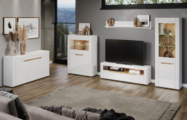 TV-Lowboard Marlon in wei Hochglanz und Evoke Eiche TV Unterteil 150 cm