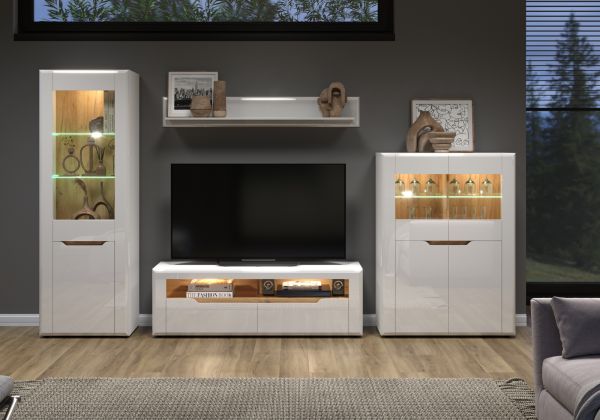 Vitrine Marlon in wei Hochglanz und Evoke Eiche Vitrinenschrank 65 x 192 cm