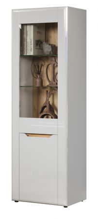 Vitrine Marlon in wei Hochglanz und Evoke Eiche Vitrinenschrank 65 x 192 cm