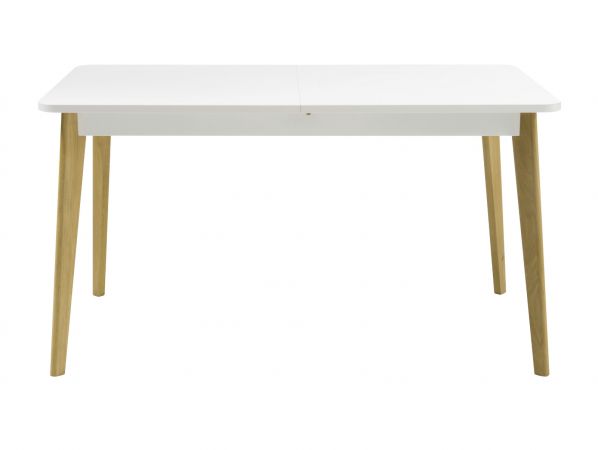 Esstisch Isgard in wei matt und Scandi Eiche Kchentisch skandinavisch ausziehbar mit Einlegeplatte 140 - 180 x 75 cm