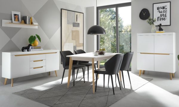 Esstisch Isgard in wei matt und Scandi Eiche Kchentisch skandinavisch ausziehbar mit Einlegeplatte 140 - 180 x 75 cm