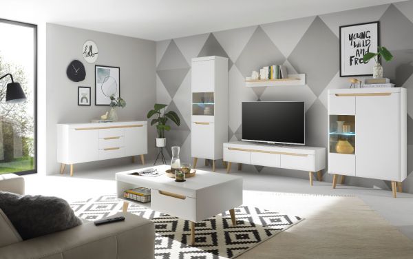 Esstisch Isgard in wei matt und Scandi Eiche Kchentisch skandinavisch ausziehbar mit Einlegeplatte 140 - 180 x 75 cm