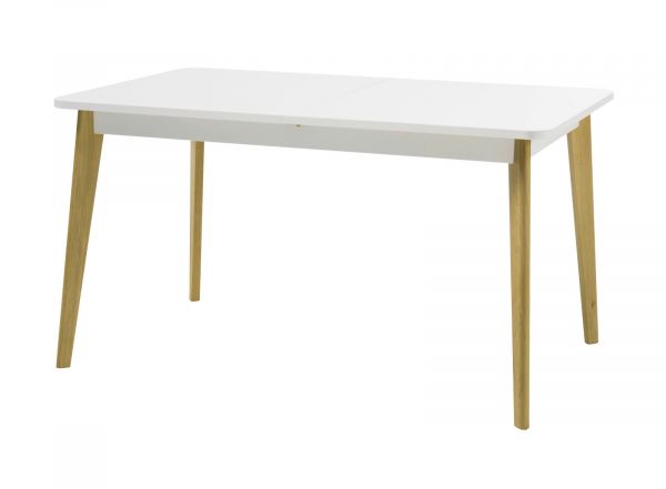 Esstisch Isgard in wei matt und Scandi Eiche Kchentisch skandinavisch ausziehbar mit Einlegeplatte 140 - 180 x 75 cm