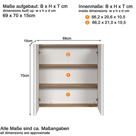 Badezimmer Spiegelschrank Touch in Artisan Eiche Badschrank 2-trig 69 x 70 cm