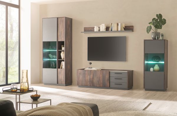 Vitrine Piano in Thermo Eiche und grau Vitrinenschrank mit Soft-Close 55 x 130 cm