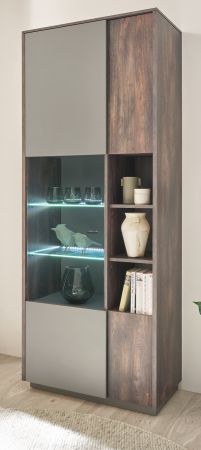 Vitrine Piano in Thermo Eiche und grau Vitrinenschrank mit Soft-Close 80 x 200 cm