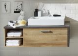 Badezimmer Waschbeckenunterschrank Bay in Eiche Riviera Honig und grau Beton Design inkl. Waschbecken 123 x 39 cm