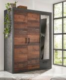 Kleiderschrank Ward in Old Used Wood Shabby Design mit Matera grau Drehtrenschrank 3-trig mit Spiegel 150 x 201 cm