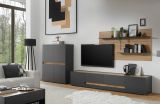 Wohnkombination Center in grau matt und Wotan Eiche Wohnwand 2-teilig 300 x 180 cm mit XL-Board und Wandpaneel