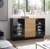 Sideboard Savanna in schwarz Hochglanz und Grandson Eiche Kommode 136 x 85 cm