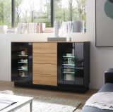 Sideboard Savanna in schwarz Hochglanz und Grandson Eiche Kommode 136 x 85 cm
