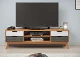 TV-Lowboard Scandik in Massivholz Kiefer honigfarben lackiert mit wei und grau TV Unterteil 140 x 42 cm