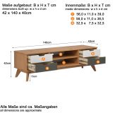 TV-Lowboard Scandik in Massivholz Kiefer honigfarben lackiert mit wei und grau TV Unterteil 140 x 42 cm