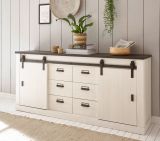 Wohn- und Esszimmer Set Stove in wei Pinie und anthrazit Landhaus Wohnkombination 2-teilig mit Vitrine und Sideboard