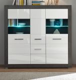 Highboard Briard in wei Hochglanz und grau Stone Wohn- und Esszimmer Vitrine 149 x 142 cm