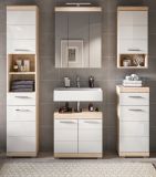 Badezimmer Kommode Lambada in wei Hochglanz und Sonoma Eiche Badschrank 37 x 88 cm