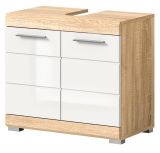 Badezimmer Waschbeckenunterschrank Lambada in wei Hochglanz und Sonoma Eiche Badschrank 60 cm