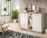 Sideboard Laredo in wei matt und Nox Eiche Landhaus Wohn- und Esszimmer Kommode 131 x 104 cm