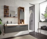 Badezimmer Hochschrank Ramon in grau matt und Flagstaff Eiche Badschrank hngend 35 x 112 cm