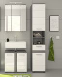 Badezimmer Hochschrank Blake in wei Hochglanz und Rauchsilber grau Badschrank 35 x 191 cm