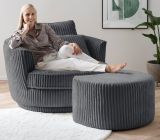 Drehsessel Comfy in grau Mega-Cord XL Sessel 360 drehbar inklusive 3 x Kissen