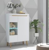 Highboard Isgard in wei matt und Scandi Eiche Vitrine skandinavisch 90 x 134 cm
