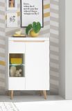 Highboard Isgard in wei matt und Scandi Eiche Vitrine skandinavisch 90 x 134 cm