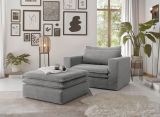 Loveseat Sessel Set Pesaro in hellgrau Cord Couch Loungesessel inklusive Hocker