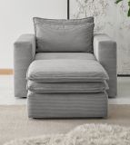 Sessel Set Pesaro in hellgrau Cord Couch Loungesessel inklusive Hocker