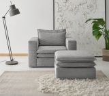 Sessel Set Pesaro in hellgrau Cord Couch Loungesessel inklusive Hocker