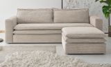 Sofa Set Pesaro in beige Cord Couch 3-Sitzer mit Bettfunktion inklusive Hocker
