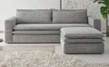 Sofa Set Pesaro in hellgrau Cord Couch 3-Sitzer mit Bettfunktion inklusive Hocker