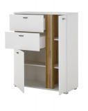 Highboard Bellport in wei matt und Wotan Eiche Kommode inklusive Frontbeleuchtung 100 x 125 cm