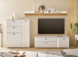 Highboard Bellport in wei matt und Wotan Eiche Kommode inklusive Frontbeleuchtung 100 x 125 cm