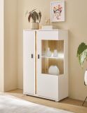 Vitrine Bellport in wei matt und Wotan Eiche Highboard inklusive Frontbeleuchtung 80 x 125 cm