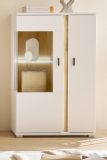 Vitrine Bellport in wei matt und Wotan Eiche Highboard inklusive Frontbeleuchtung 80 x 125 cm