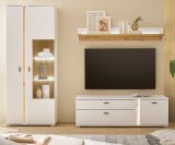 Wohnwand Bellport in wei matt und Wotan Eiche Wohnkombination inklusive Frontbeleuchtung 240 x 200