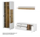 Wohnwand Bellport in wei matt und Wotan Eiche Wohnkombination inklusive Frontbeleuchtung 240 x 200