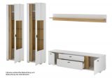 Wohnwand Bellport in wei matt und Wotan Eiche Wohnkombination inklusive Frontbeleuchtung 330 x 200