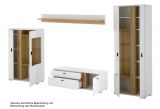 Wohnwand Bellport in wei matt und Wotan Eiche Wohnkombination inklusive Frontbeleuchtung 330 x 200