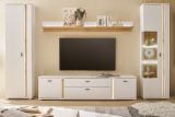 Wohnwand Bellport in wei matt und Wotan Eiche Wohnkombination inklusive Frontbeleuchtung 330 x 200