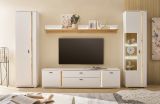 Wohnwand Bellport in wei matt und Wotan Eiche Wohnkombination inklusive Frontbeleuchtung 330 x 200