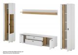 Wohnwand Bellport in wei matt und Wotan Eiche Wohnkombination inklusive Frontbeleuchtung 330 x 200