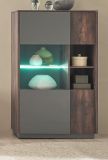 Vitrine Piano in Thermo Eiche und grau Highboard mit Soft-Close 80 x 130 cm