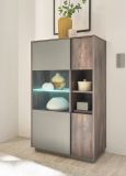 Vitrine Piano in Thermo Eiche und grau Highboard mit Soft-Close 80 x 130 cm