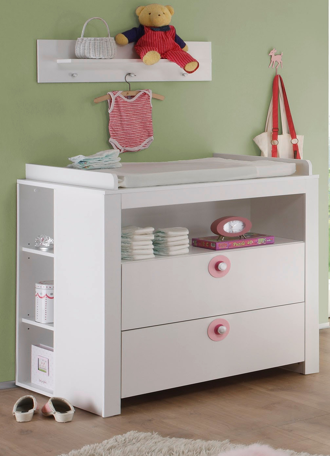 Wickelkommode Set Olivia in weiß und rosa mit 2x Regal
