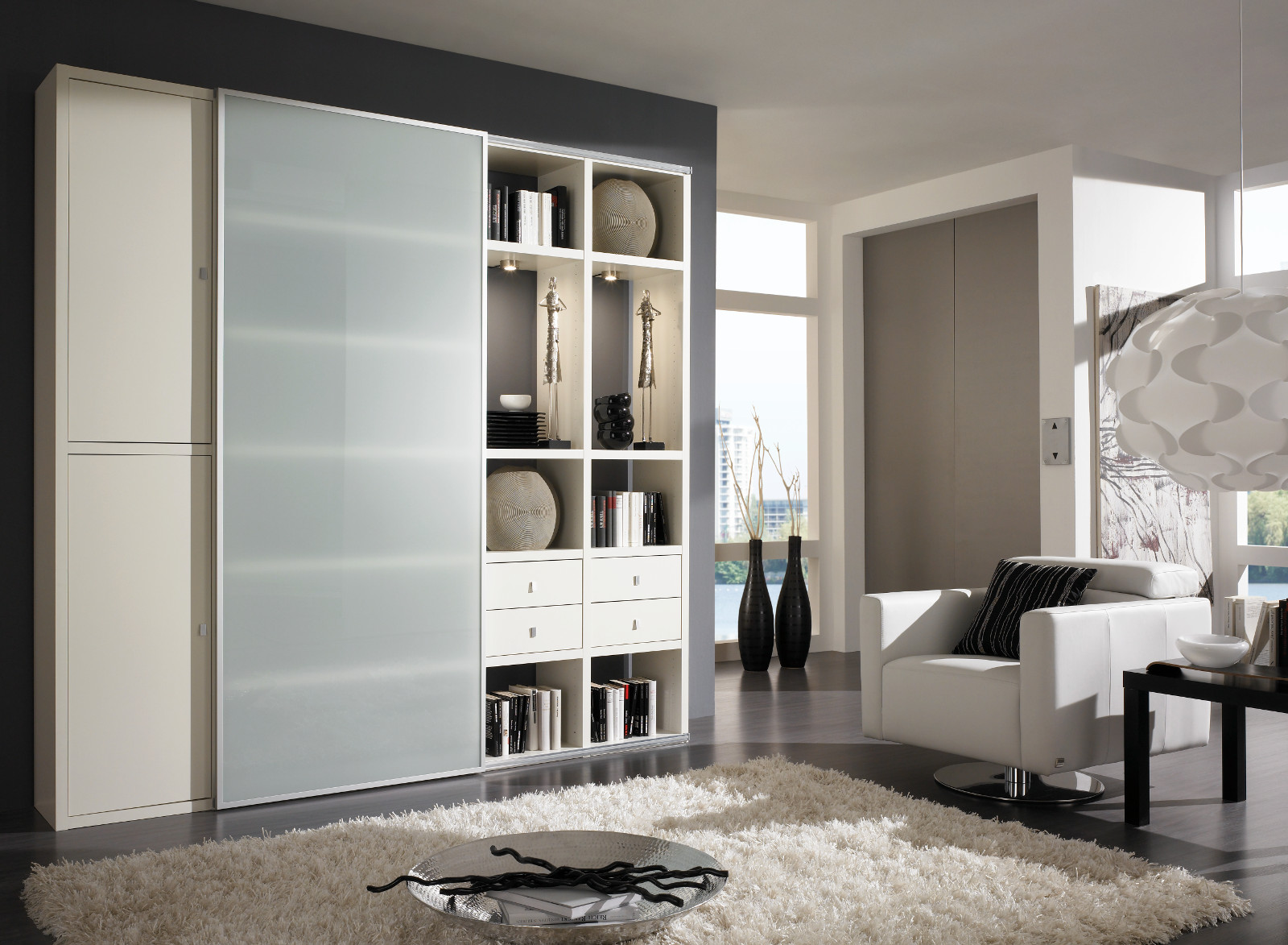 Wohnwand Bucherwand Lack Weiss Matt Schiebetur Glas